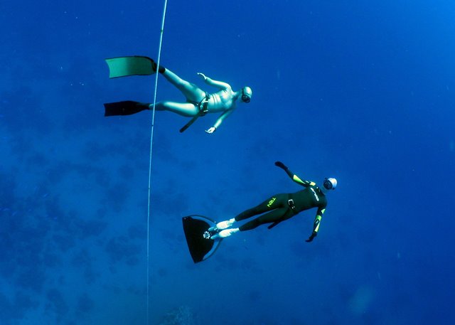 Emma Farrell and freediver with monofin freediving in Red Sea, Egypt
